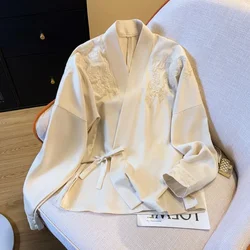 Satin Chinese Style Shirt for Women, Embroidery Vintage Blouses, Silk Clothing, Loose V-Neck Tops, Spring and Summer