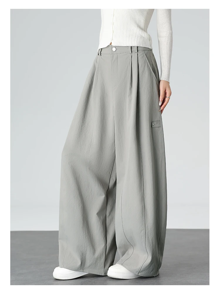 Harajuku Einfarbige Damen-Weitbein-Hose mit Hoher Taille, Übergroße Drapierte Jogginghose mit Elastischem Bund und Taschen für Herbst und Winter – Detail 15