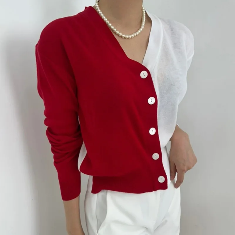 

Summer Ins Lightweight Breathable Knitted Sweater Color-blocking Sun Protection Sweater Air Conditioner Knitted Sweater Women