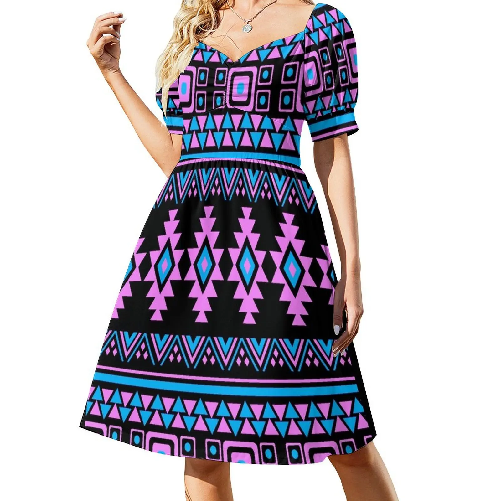 

Pink / Blue / Black Geometric Native Print Short-Sleeved Dress dress for women sexy short dresses daring