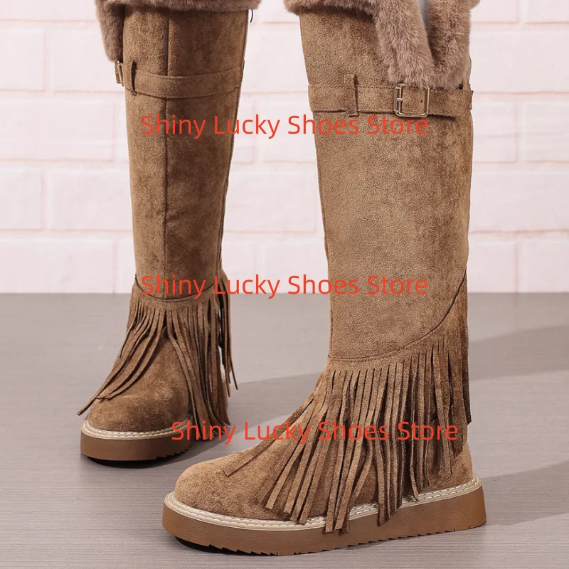 

Женские туфли с кисточками, круглые носки, плоские каблуки, пряжка ремня, женские швейные линии, Chassure Femme, однотонные женские сапоги до середины икры, бархатные