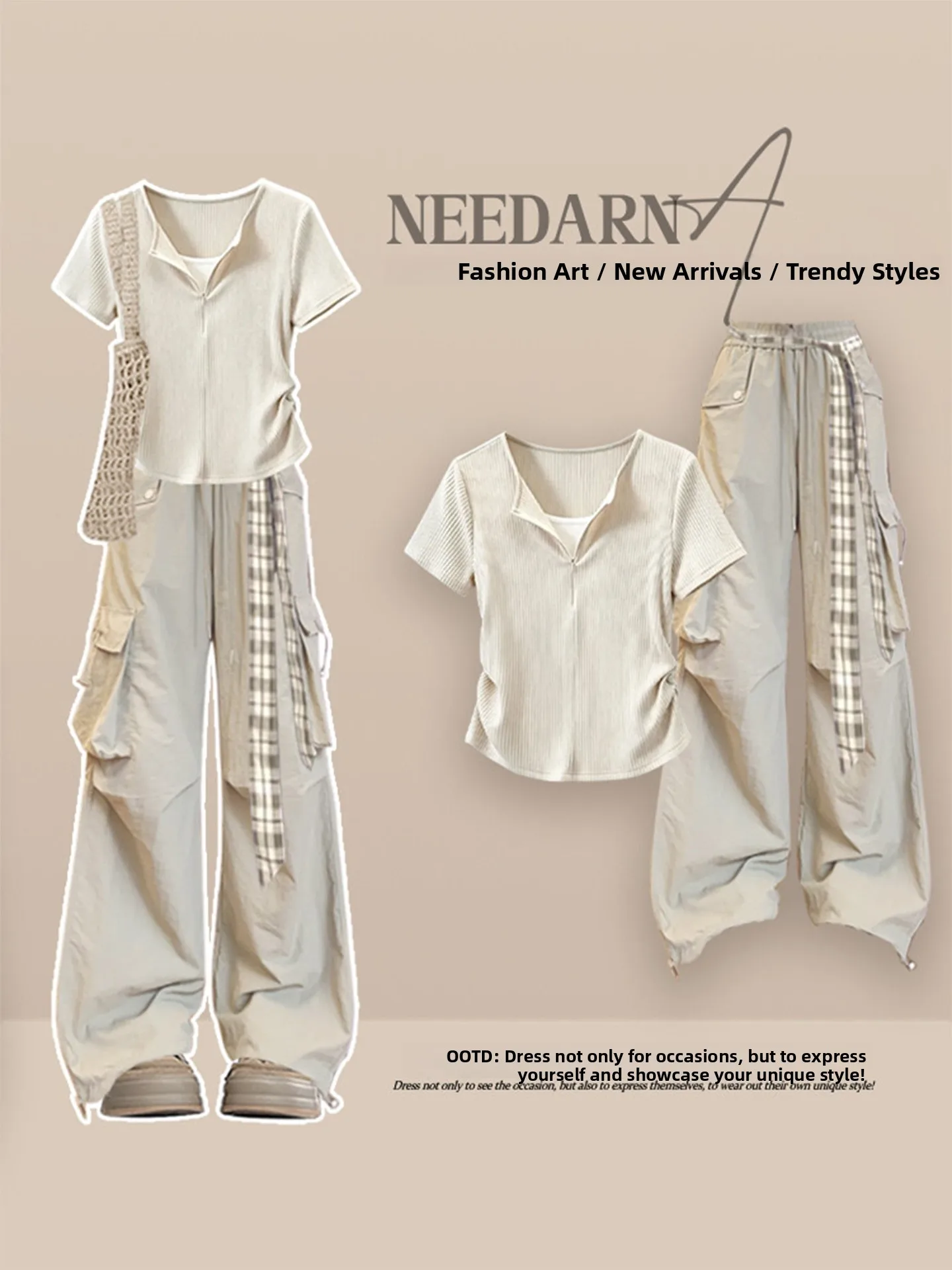 

Korean Style Summer Short Sleeve T-Shirt Women's Fashion Set with Waist-Cinching Utility Pants Shoulder-Appropriate Design