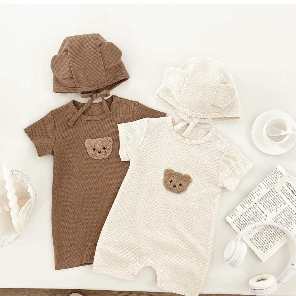 

Детский комбинезон с короткими рукавами из чистого хлопка, милый дизайн с медведем, комбинезон для новорожденных с вафельной текстурой, мягкая ткань, боди с мультяшным медведем
