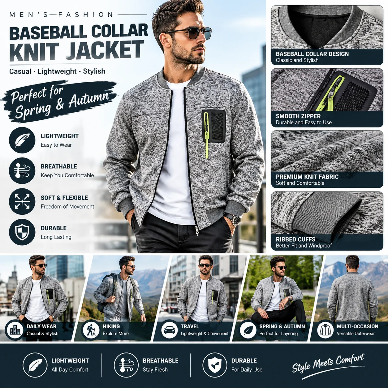 US size Mens Baseball Collar Knit Jacket Full Zip Casual Lightweight Zipper Pocket Long Sleeve Spring Autumn Outerwear Coat