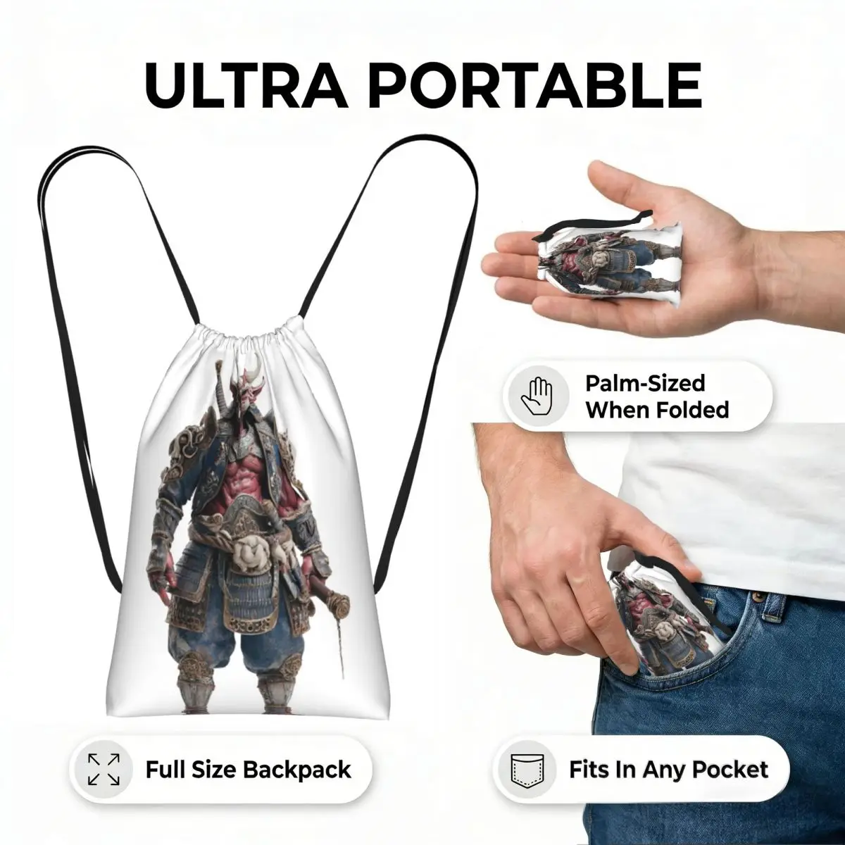 Akioni The Crimson Samurai Demon Drawstring Backpack hiking cycling Bag Lightweight Foldable Storage Drawstring Bag Men Women