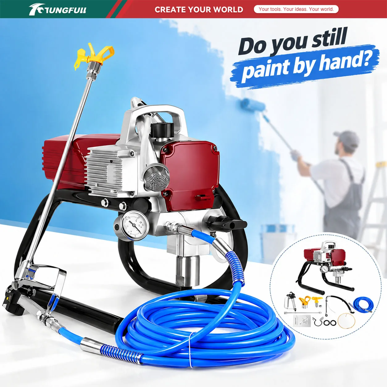 TUNGFULL Airless Paint Sprayer High Pressure Electric Painting Machine with Spray Gun for Wall House Furniture Painting