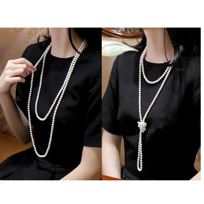 

Real Long Pearl Necklace Sweater For Women,Vintage Beads Pearl Strand Necklace Wife Mother Anniversary Gift White