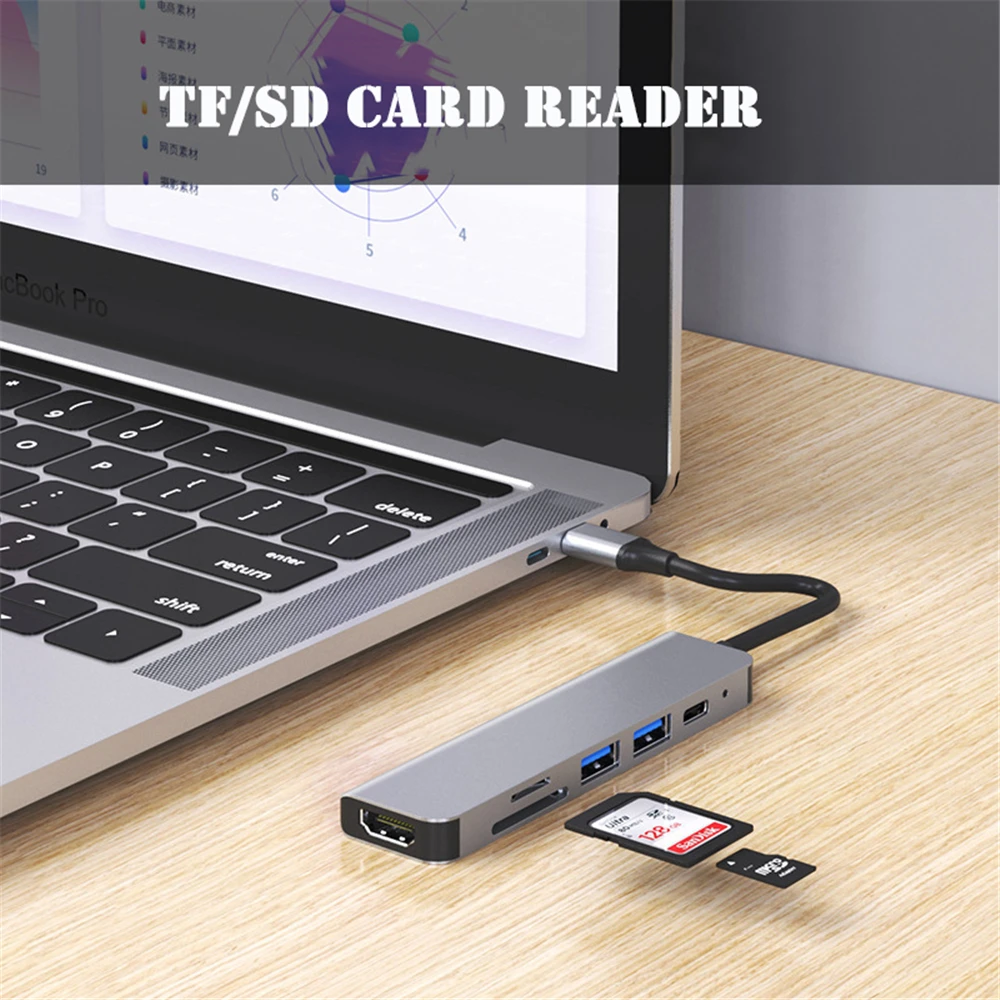 6-In-1 USB Type-C Hub Adapter with 4K HDMI Multi-Port Reader USB3.0 TF PD SD Card Reader, All-in-One Computer Accessories