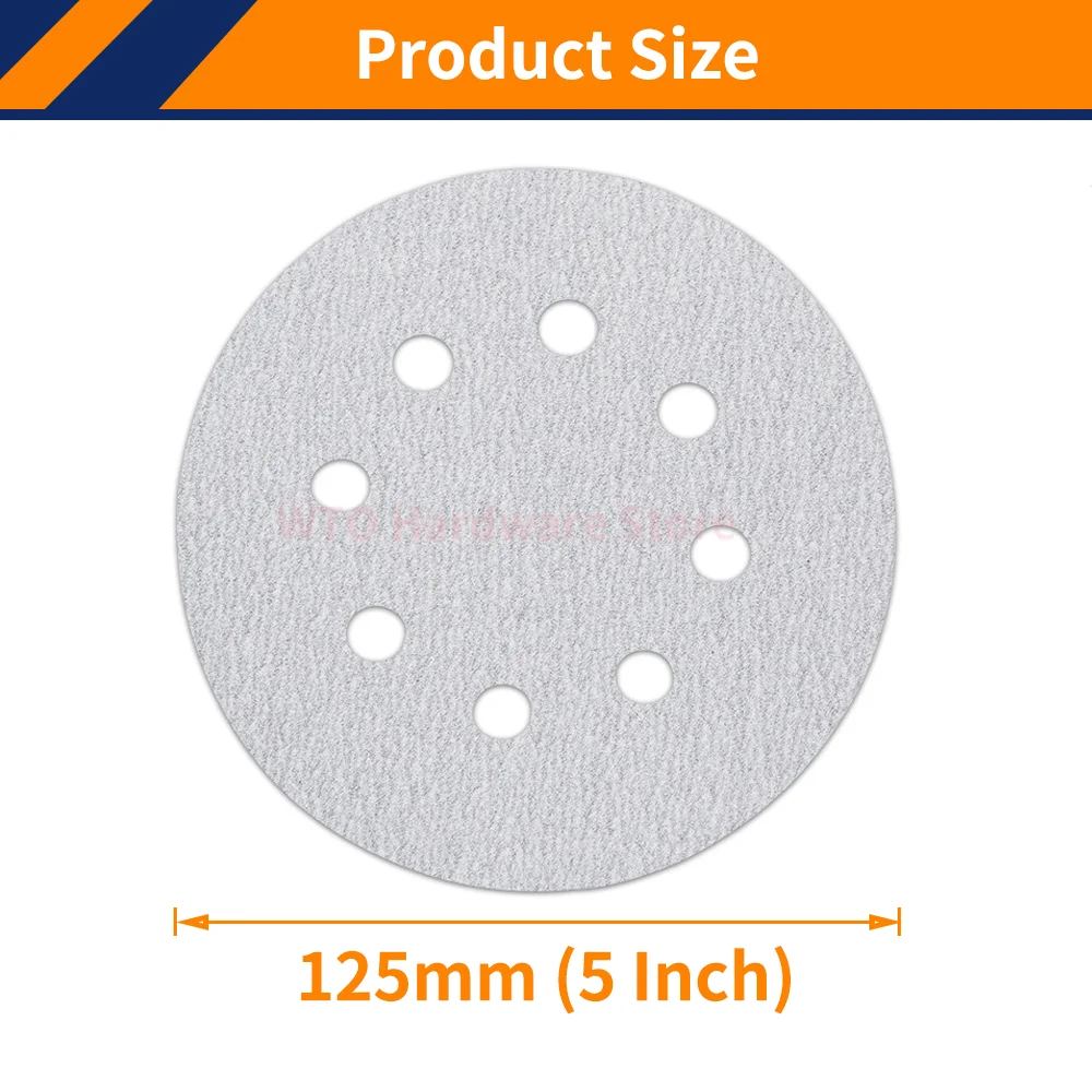 50PCS 5 Inch 8 Hole White Sanding Discs Hook&Loop Self-adhesives Sanding Disc Random Orbit Sandpaper for Grinding,60-1000 Grits