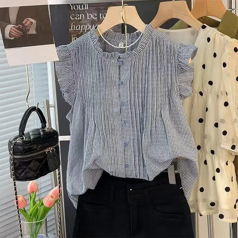 

Women's Round Neck Summer 2024 New Chic Fashionable Houndstooth Sleeveless Shirring Patchwork Ruffled Button Cardigan Shirt Tops