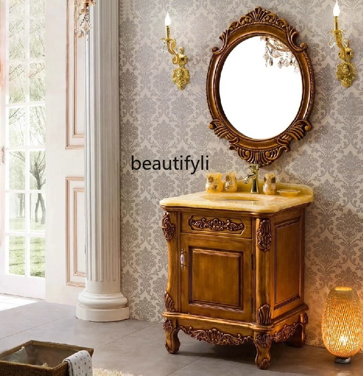 

European Style Bathroom Cabinet Washstand Basin Cabinet Floor-standing Oak Antique Bathroom American Style Bathroom Cabinet