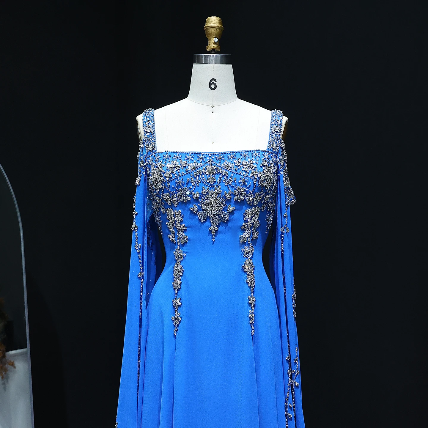 Sharon Said Chic Blue Luxury Crystal Arabic Evening Gown with Flowing Cape Sleeve Women Wedding Formal Dress SS305 Customized image 3