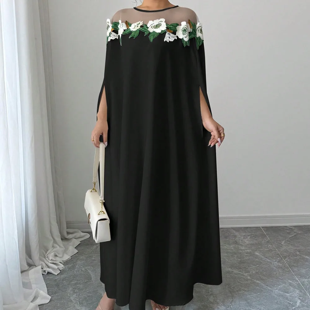 

Summer New Fashionable Personalized Elegant Perspective Mesh Flower Splicing Round Neck Loose Straight Bat Sleeve Banquet Dress
