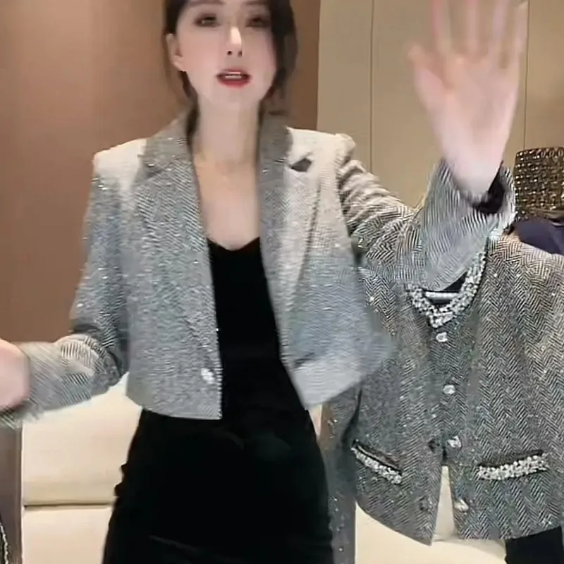 

French Style Light Luxury High-End Short Style Fragrant Jacket Spring New Fashion Long Sleeved Blazer Temperament Top Grey C43