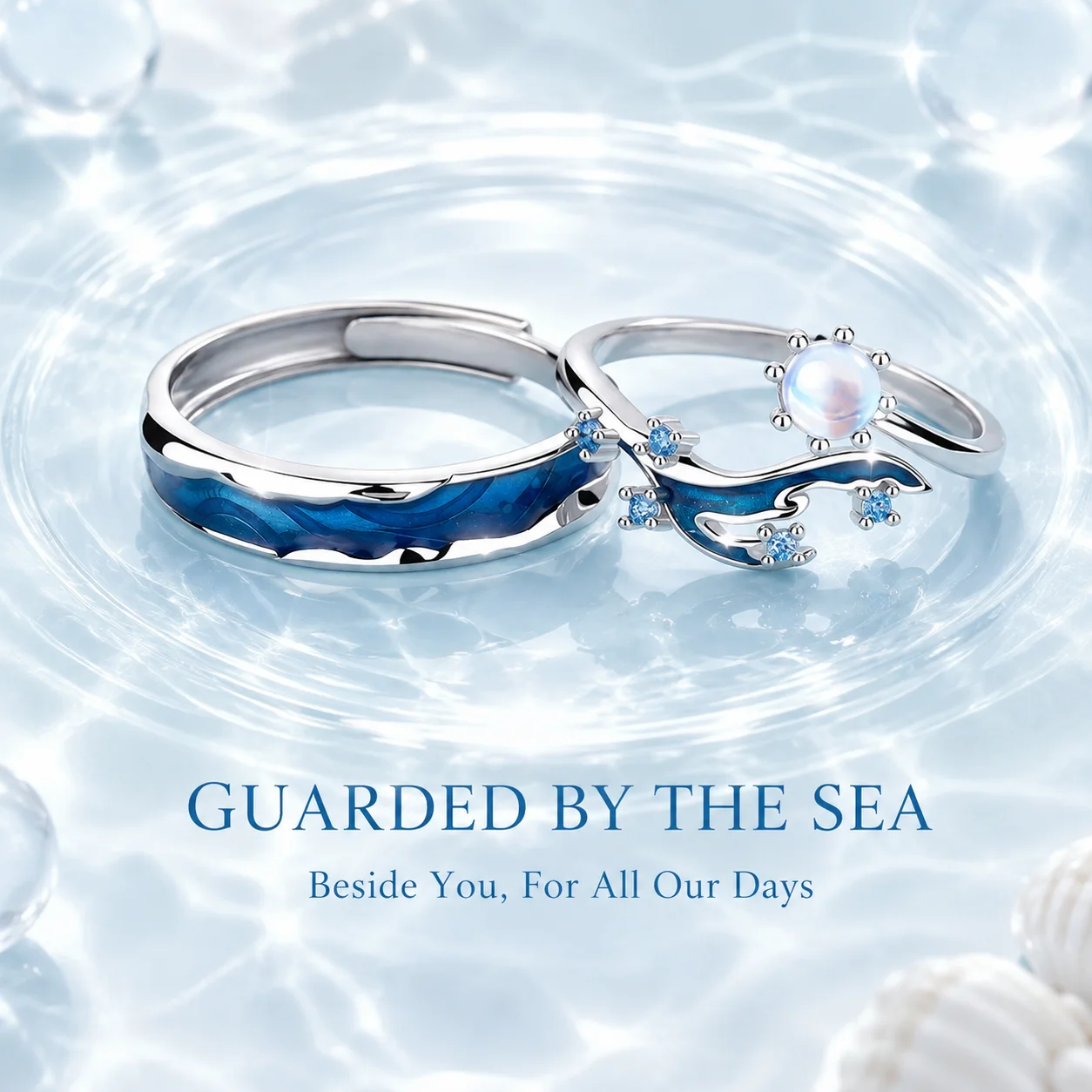 Ocean Mermaid Couple Rings, Matching Open Adjustable Band, Blue Enamel Tail & Wave Promise Rings, Romantic Jewelry Gift for Love