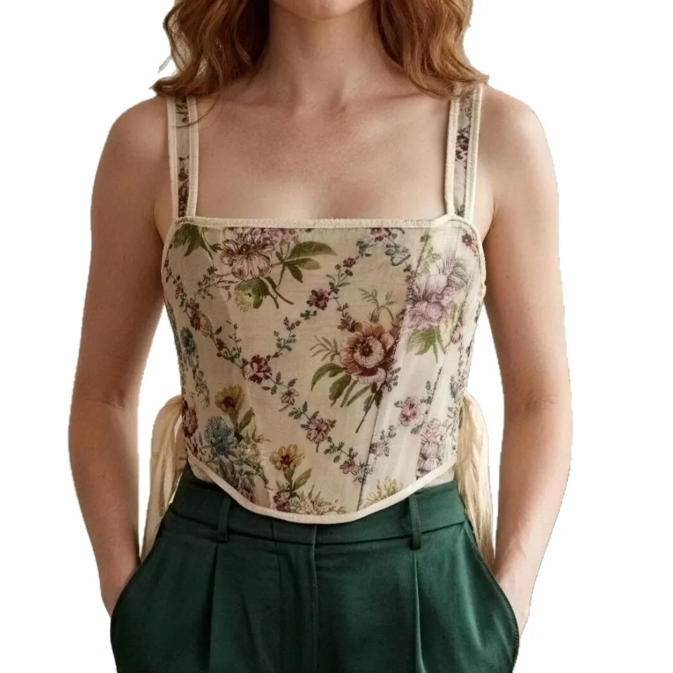 Corset Top With Fish Bone Straps Vintage Floral Camisole, Side-tie Slim-fit Top Side-tie Shape Wear For Women 93K0