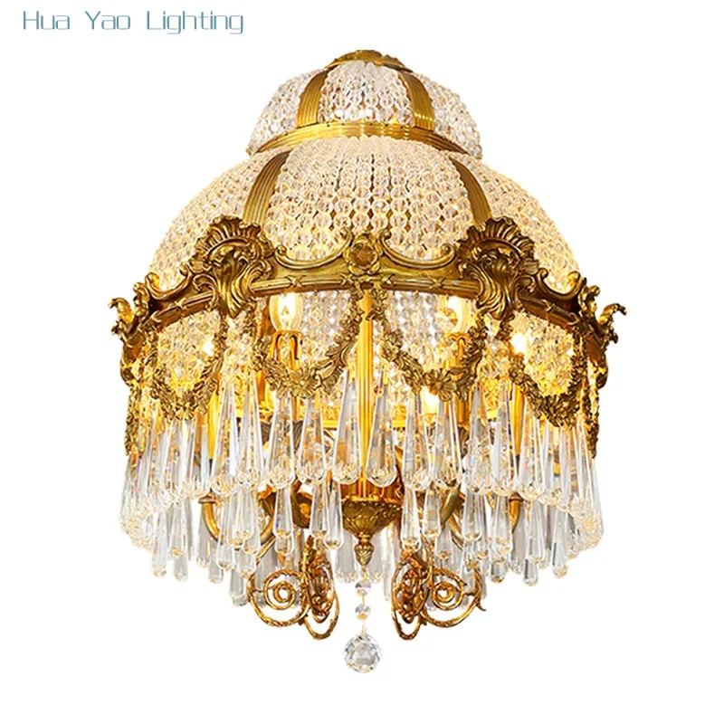 European Style Copper Crystal Chandelier Living Study Bedroom Hotel Restaurant Lobby Decorative Pendent Light