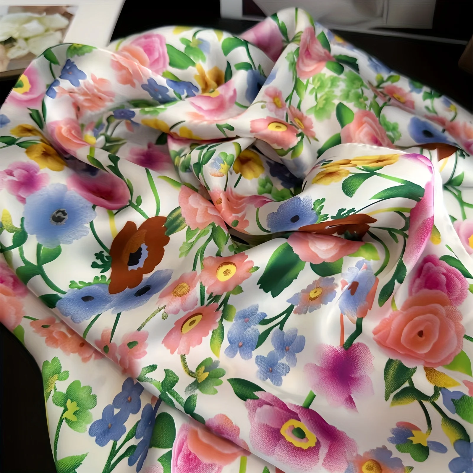 27.5" Elegant Floral Print Satin Square Scarf for Women Soft Lightweight Versatile Fashion Accessory Hair Scarf Neck Scarves