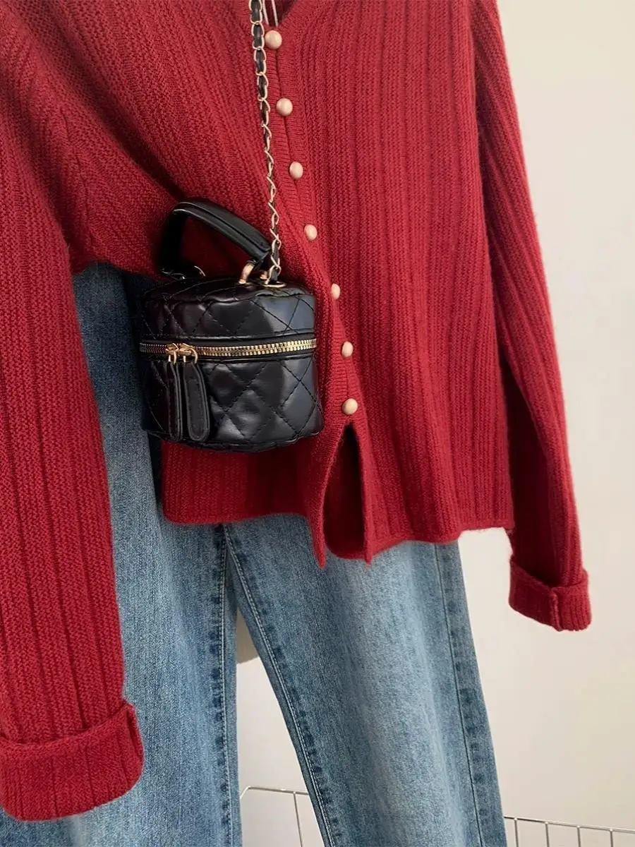 Red Knitted Camere Wool Loose Fit oulder V-Ne Sweater Women's Autumn Winter Outerwear Soft Comfortable Commute Sle