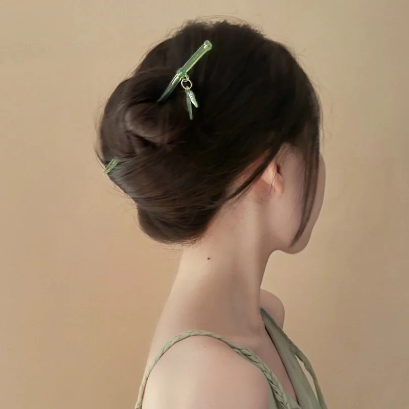 2025 Antique Chinese Style Green Resin Bamboo Leaf Hair Stick For Women Girls Vintage Acrylic Chopstick Hairpin Hair Accessories