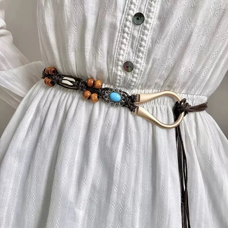 Boho Shell Bead Chain Waist Belt – Woven Sash with Alloy Buckle, Vintage Ethnic Style Accessory Belt for Women