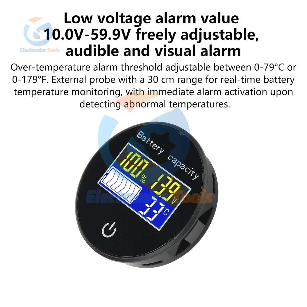 JS-T6 DC10-100V 円形 LCD デジタルバッテリーテスター 電圧と充電レベル表示 複数のアラーム機能 バッテリーインジケーター