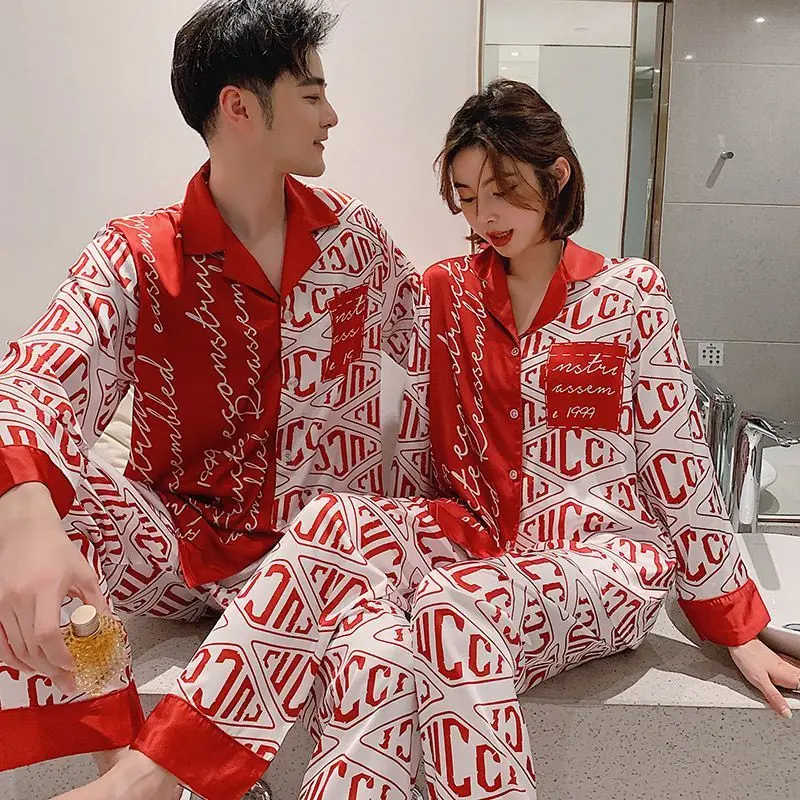 2024 New Couple Pajamas Spring Autumn Women Ice Silk Cool Comfortable Thin Homewear Suit Luxury Loose Casual Men Nightclothes