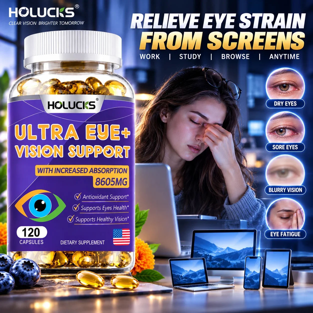 Ultra Eye+ Capsules, Lutein & Zeaxanthin, Support Antioxidant, Retinal Health & Comfortable Vision, Relieve Screen Eye Strain