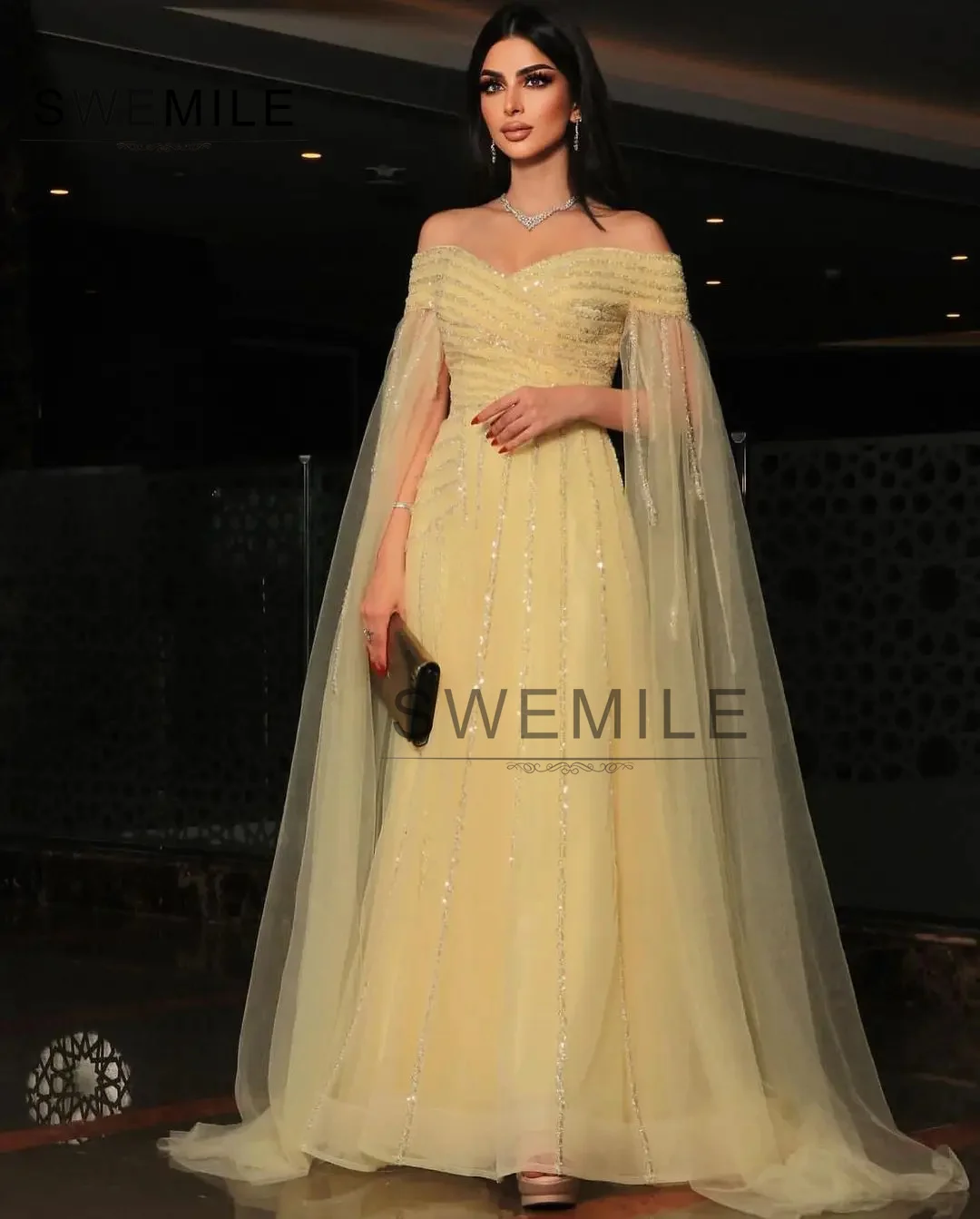 SWEMILE فساتين للمناسبات الخاصة Yellow A-Line Off-The-Shoulder Neckline Floor-Length Zipper Up Women'S Evening Dresses Wedding