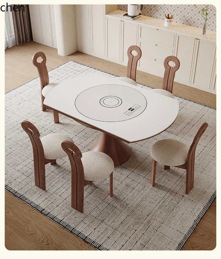 ZML rock slab dining table household small apartment with induction cooker turntable retractable retro solid wood round table