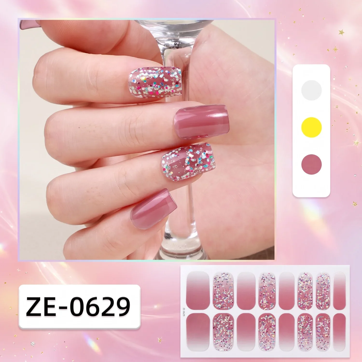 8-Sheet Sweet Gradient Glitter Nail Stickers – Self-Adhesive & Waterproof – Removable Nail Decals – 5-Minute DIY Home Manicure