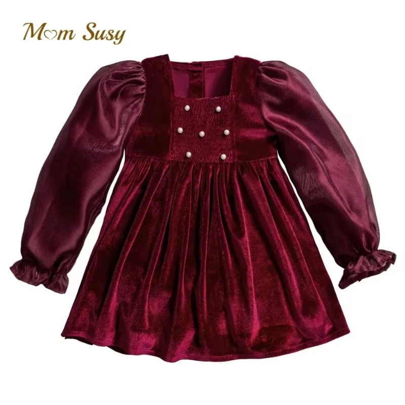 

Baby Girl Princess Velvet Pearl Dress Long Sleeve Infant Toddler Child Vestido Party Birthday Christmas Winter Baby Clothes 1-7Y