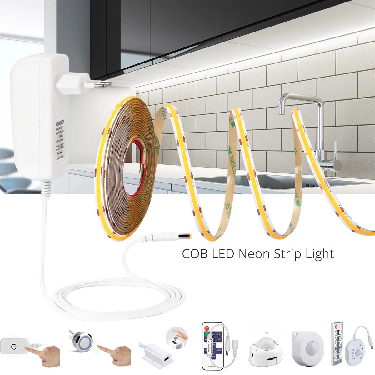 COB Led Strip Tape Light 12V 320 Leds/m Width 8mm with Adapter RF Remote Cabinet Door Touch Dimmer Hand Sweep PIR Motion Sensor