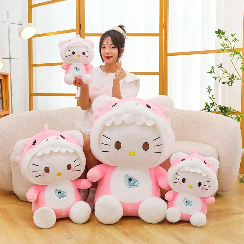 60cm Sanrio Shark Hello Kitty Cat Plush Toys Cartoon KT Cat Plushie Doll Soft Stuffed Anime Pillow Birthday Gifts for Kids Girls