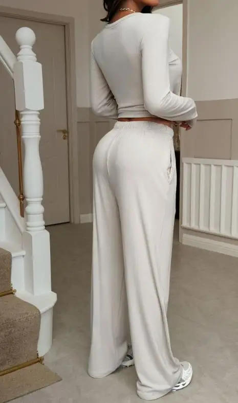 

Two Piece Set Women Outfit 2025 Spring Autumn New Solid Color Round Neck Long Sleeve Shirt & Casual Straight Leg Pants Set