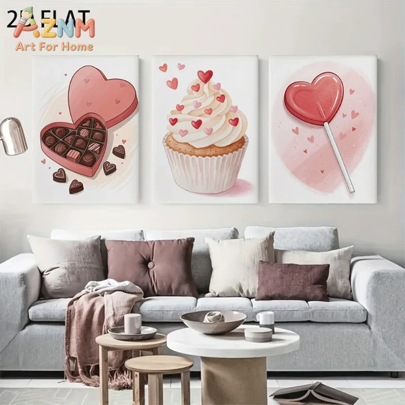 Unframed 3PCS Valentine Sweet Treats Canvas Wall Art Heart Chocolate Cupcake Lollipop Watercolor Print Poster Home Bedroom