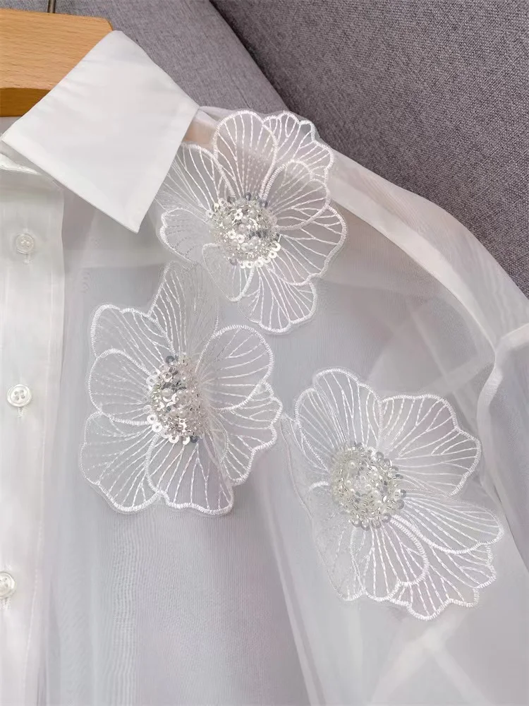 Fashion Elegant White Diamond Flower Embroidery Set women Slightly Transparent Turn-Down Collar Shirt or A-line Mini Skirt