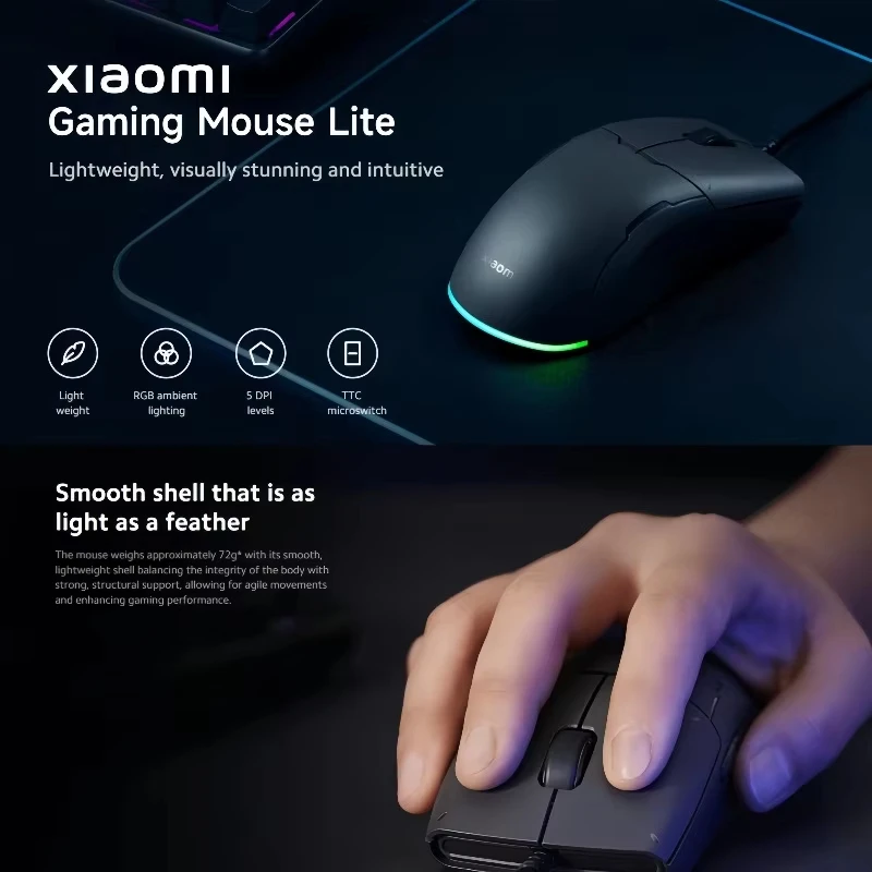 Xiaomi Gaming Mouse Lite 72g lichte RGB backlit muis 5 instelbare dpi TTC microschakelaars bedraad voor pc laptop gaming kantoor