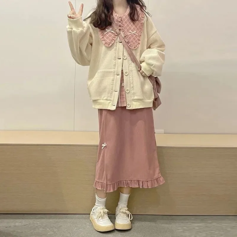 Women Sweet Dress Set Japan Style Pink Plaid Shirts + Corduroy Solid Color Skirt + Long Sleeve Cardigan Female Three-piece Set