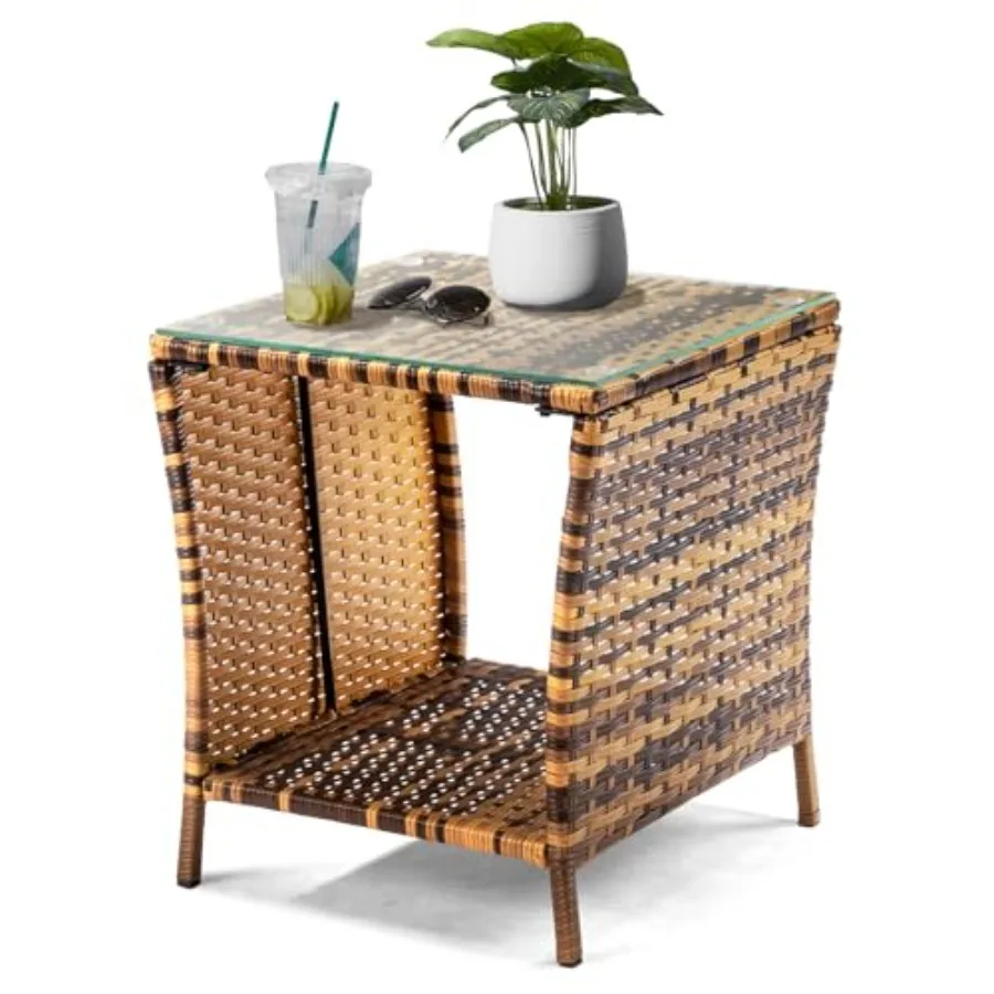 Outdoor Wicker Side Table Patio Side Tables for Outside Tempered Glass Top Wicker Table with Storage End Table for Balcony Porc