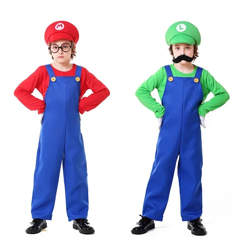 Mario Luigi Costume Boys Super Mario Bros Cosplay Jumpsuit Bodysuit Hat Beard Suit Halloween Costumes