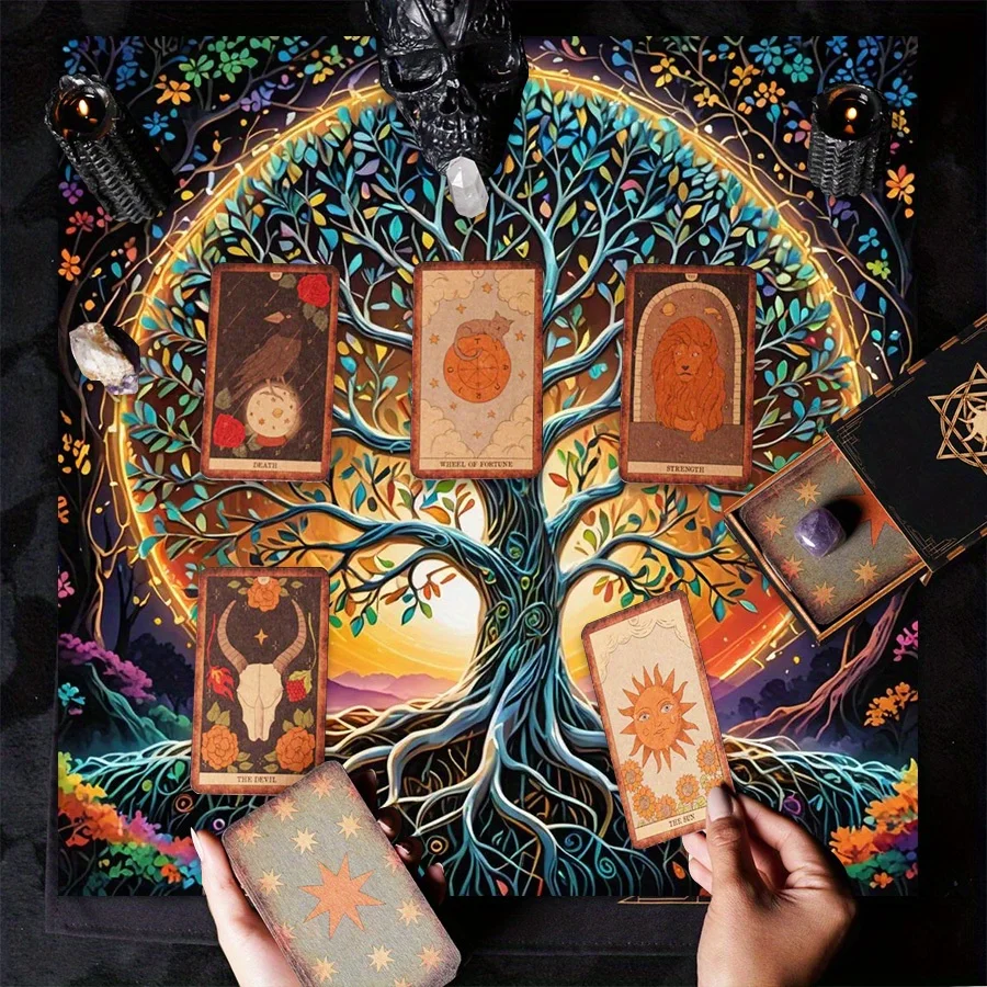 1 unidad de árbol de la vida mística, sol, Luna, Mandala completo, tela de Altar, mantel de Tarot bohemio, cielo estrellado, almohadilla de profeta negra para brujería