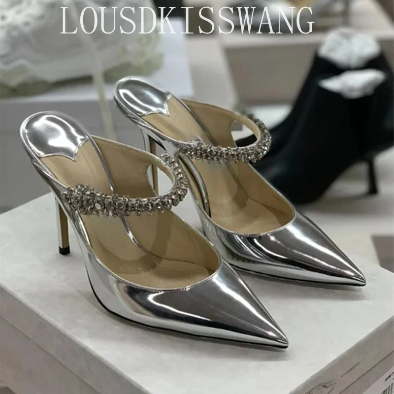 Spring and summer new high-heeled shoes Muller shoes pointed rhinestone chain fashion banquet Baotou stiletto ladies sandals