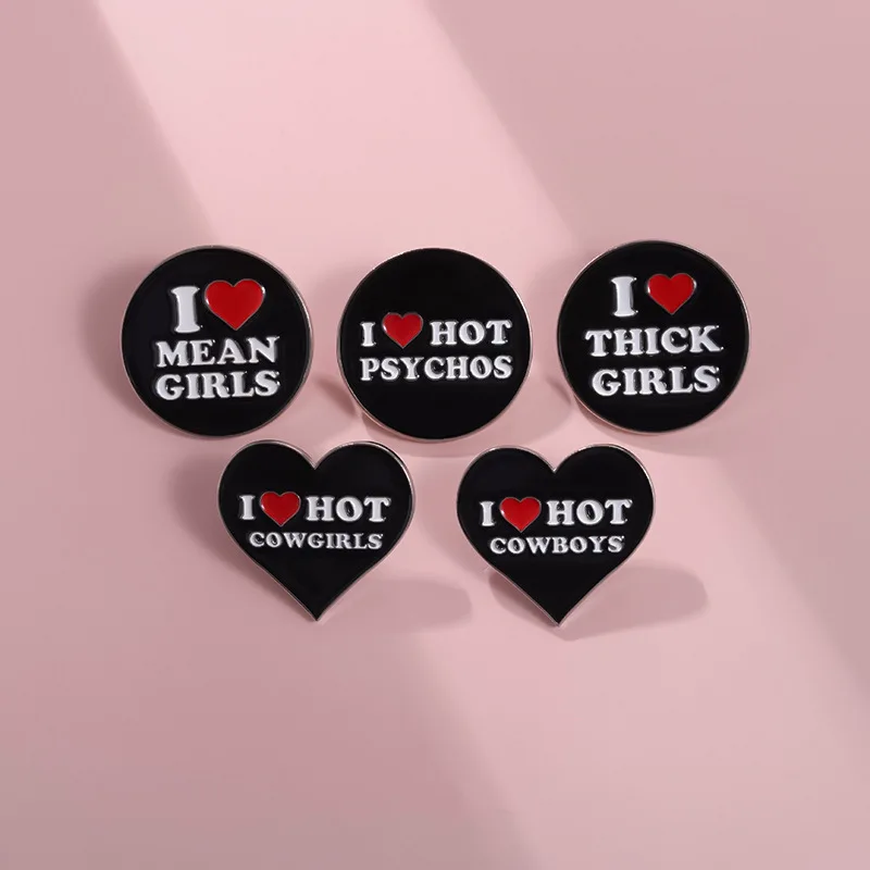 Black Heart Letters Enamel Brooch Creative I Love Lying I Love EMO Boys Metal Badge Punk Round Lapel Pins Jewelry Gifts For Kids