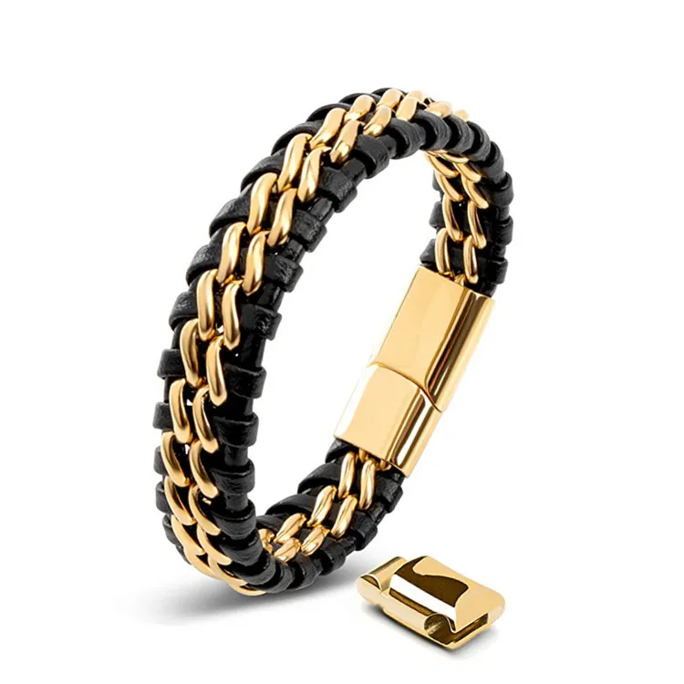 

Fashion Punk Rock Stainless Steel Chain Pu Leather Braided Wrap Men Magnetic Claso Statement Bracelets Jewelry Gift