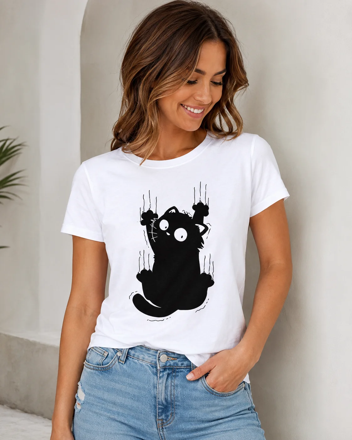 Fun Climbing Cute Cat Pattern Printed Girl's T-shirt Round Neck Short Sleeve Casual Four Seasons Women's Clothing Top