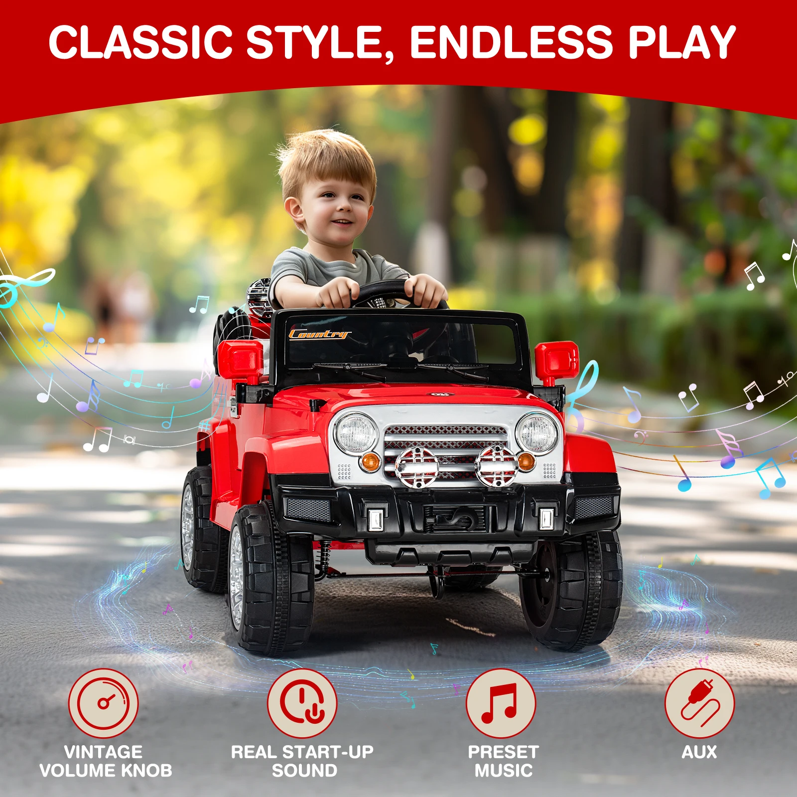 سيارة ركوب الأطفال الكهربائية، لعبة ريترو 12 فولت مع جهاز تحكم عن بعد، موسيقى، تعليق، سرعتان، أضواء LED، AUX، لترفيه الأطفال