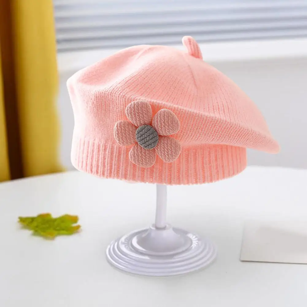 Solid Color Winter Beanie Children's Knitted Winter Hat with Flower Decor Anti-slip Elastic Band Cute Painter for Daily for Kids