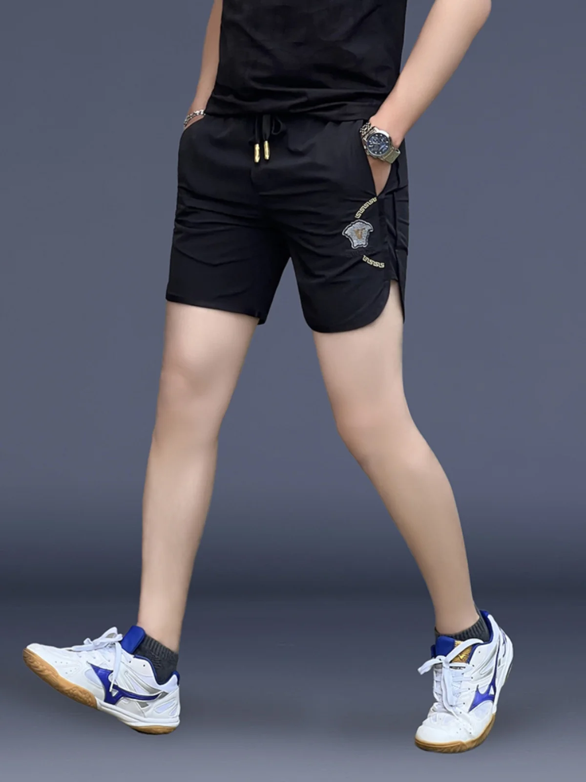 

Slim Fit Ice Silk 3/4 Length orts Mens Embroidered Breathable Qui Dry Faionable Urban Sle Spor Summer Thin Cut Pants