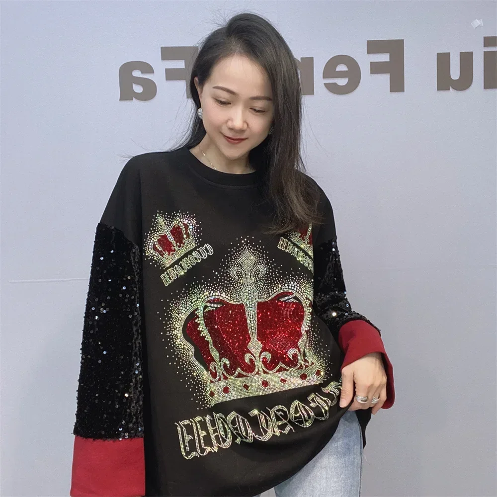 Fashion Crown Diamonds Hoodies Women Clothing Loose Sequins Embroidery Sleeve O Neck Pullover Space Cotton Knitwear Casual Tops